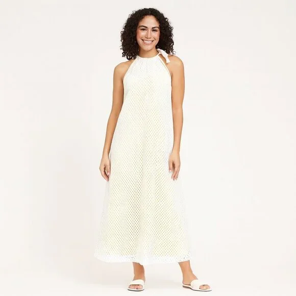 GSTQ XS White Neon Sole Mesh Maxi Dress Halter Long Resort Beach Cover Up NWT - Picture 5 of 14